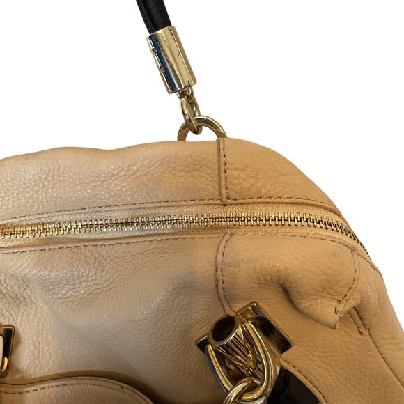 DKNY Vintage Leather Satchel Beige Black Bowler Bag Purse Handbag - Picture 11 of 11